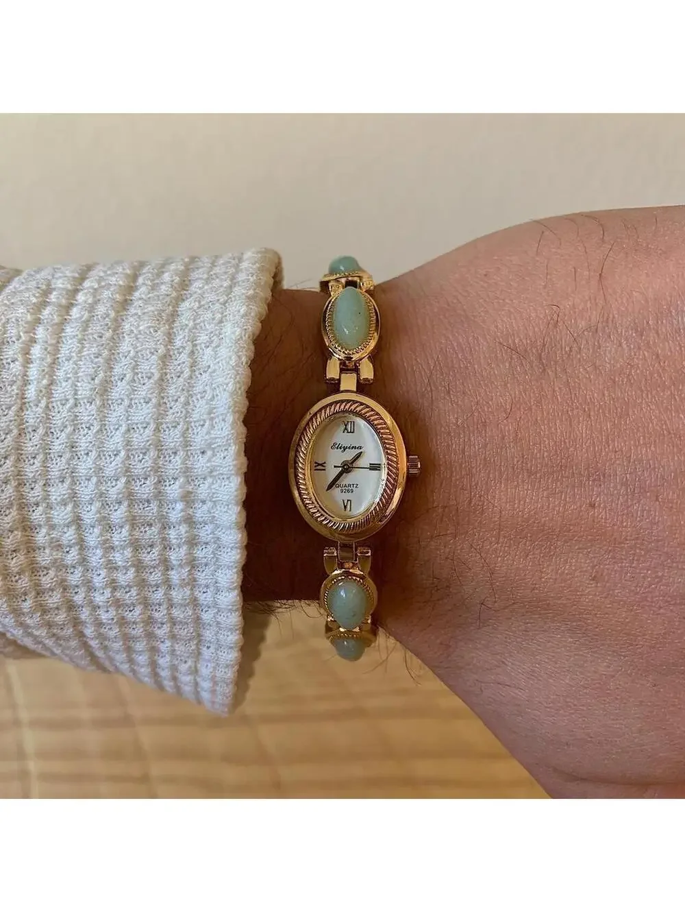 Y2K Gold Green Dainty Quartz Opal Jade Watch 8 Inch Unisex